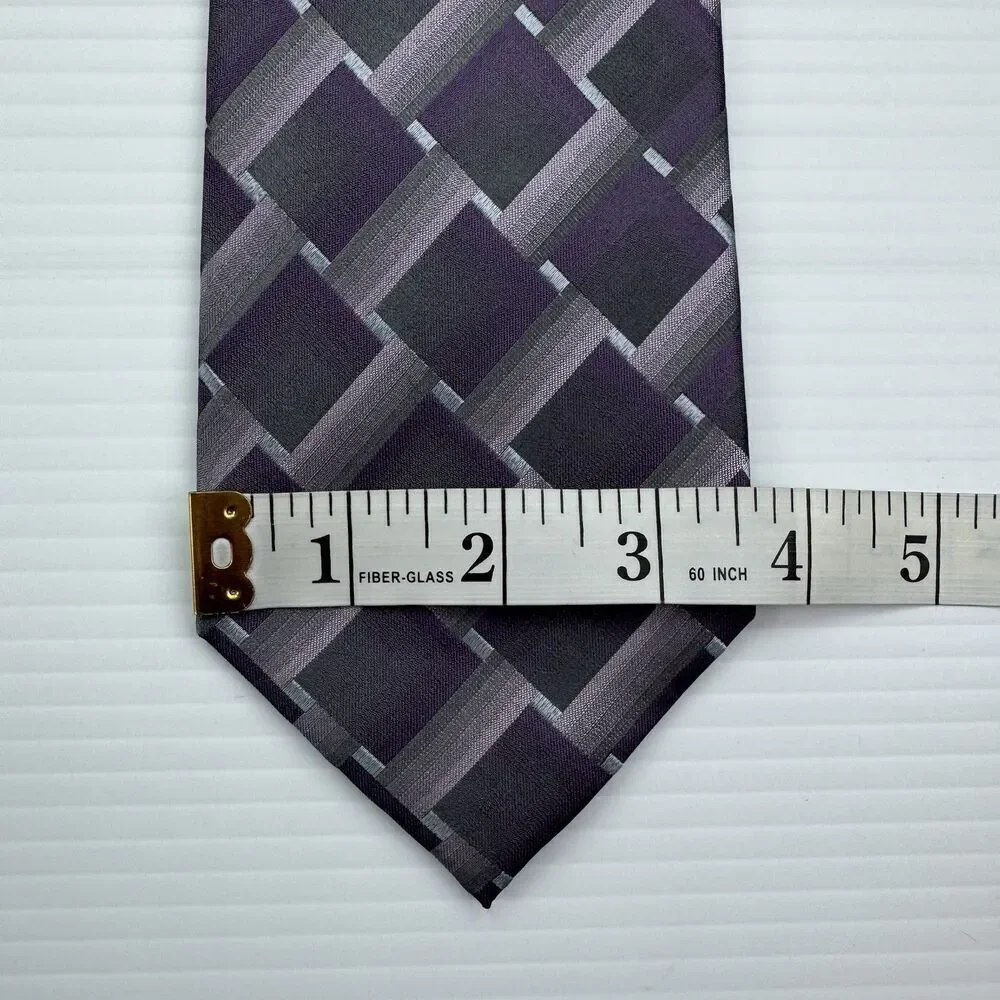 Van Heusen Tie Purple Gray Squares Pattern Mens Necktie 100% Silk
